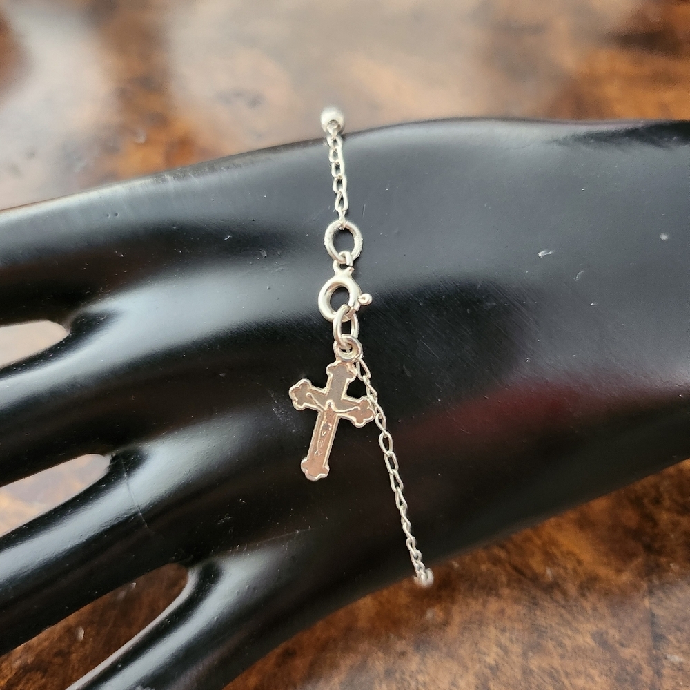 925 Sterling Silver Rosary Bead Rosario Cross Bracelet